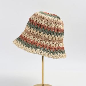 Wholesale Beach <b>Hat</b> Rainbow Striped Hand-hooked Paper Straw <b>Hat</b> Summer Fashion Sunshade Sun Hand Knitted <b>Bucket</b> <b>Hat</b> - Product Image 1