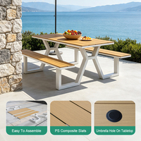 Ensemble de table de pique-nique d'extérieur pour terrasse, résistant aux intempéries, avec plateau en bois PS et trou pour parasol, pour restaurant, campus, jardin