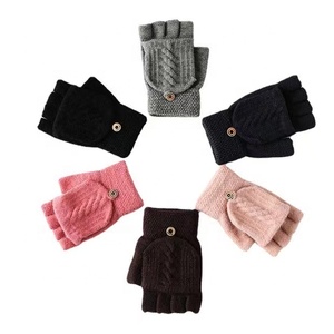 Autumn Winter Unisex <strong>Gloves</strong> Solid Color Warm Half Finger Flip Jacquard <strong>Gloves</strong> - Product Image 1