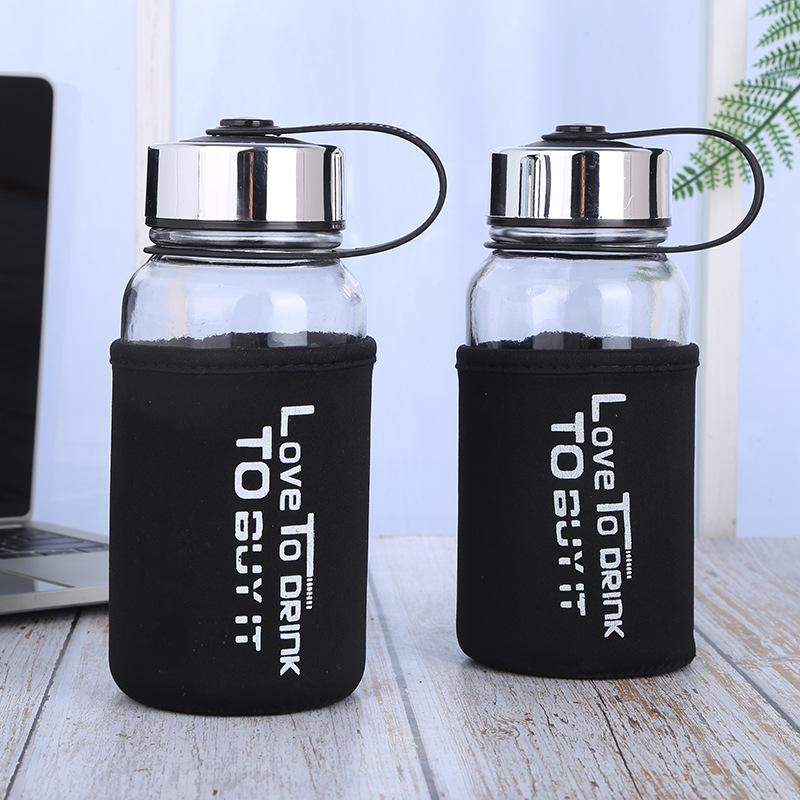 1L Large Sports Glass Water Bottle with Neoprene Sleeve - Custom Wide  Mouth, Perfect for Travel and Outdoor Activities