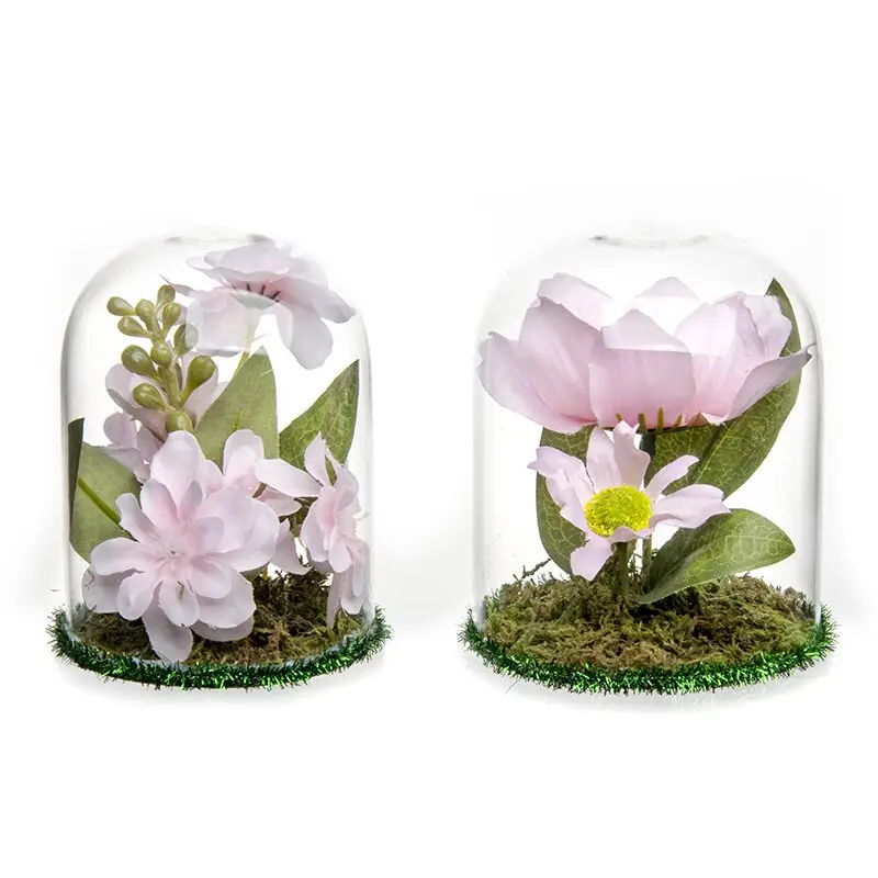 Preço por atacado real toque artificial flores decorativas garrafa de vidro claro terrário mini cúpula cúpula de vidro com base