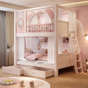 Cama litera de madera maciza para dormitorio de niñas JS, muebles modernos y duraderos con tobogán, escalera con armario y diseño de almacenamiento con doble cajón - Product Image 4
