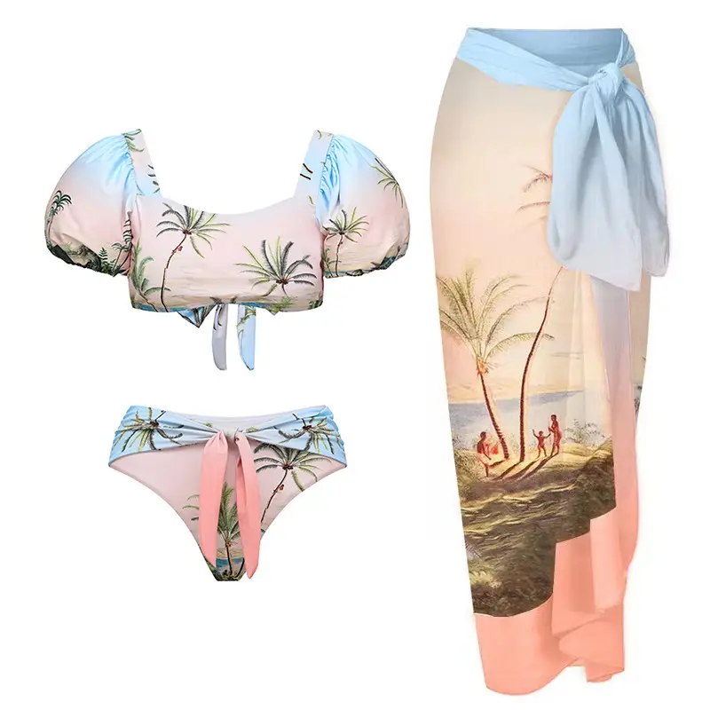 Conjunto de Bikini de manga abombada para mujer, traje de baño Retro de dos piezas con falda con estampado degradado Vintage para playa y vacaciones de verano