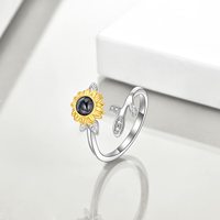 Bague ouverte en argent sterling S925 avec projection de « Je t'aime » en 100 langues, design personnalisé, tournesol