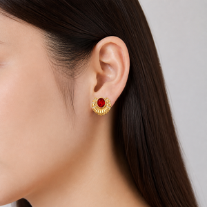Boucles d'oreilles clous Red Sunburst en acier inoxydable plaqué or 14K sous vide avec zircon cubique, boucles d'oreilles statement - Product Image 5