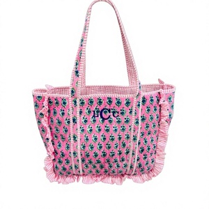 Bolsa de Mano de Algodón Acolchada Rosa con Estampado Floral, Bolsa de Compras, Ligera, para Uso Diario, Elegante, Reutilizable, para la Playa, Viajes, Mujer - Product Image 1