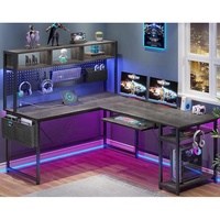 Bureau de jeu en L moderne et rustique avec design réversible, structure métallique, fonction pliable, prise de courant intégrée, surface en bois pour usage domestique