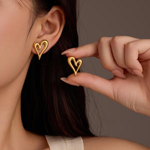 Stylish Gold <b>Heart</b> Earrings Sculpted Open-<b>Heart</b> <b>Shape</b> Fashion-Forward Studs for Women's Elegant Casual Outfits - Product Image 2