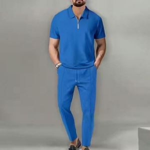 I-0497 Ensemble d'été deux pièces pour homme, style streetwear formel, écologique, couleur unie, col montant, manches courtes, fermeture éclair - Product Image 6