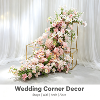 Décoration de scène de mariage, arche, fenêtre, rangée au sol, rangée de fleurs artificielles en cascade de couleurs mélangées, chemin floral en roses de soie et hortensias