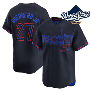 Maillot de baseball style City Connect des Blue <span class=keywords><strong>Jays</strong></span> de Toronto 2025 # 27 Hauts de supporter personnalisés pour homme, brodés, avec motif dégradé Skyline, pour le jour du match - Product Image 1
