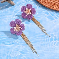 Anting-anting rotan bunga rumbai panjang liburan pantai musim panas wanita buatan tangan anyaman rafia berwarna