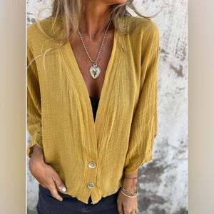 เสื้อยืดทรงหลวมแบบใหม่สำหรับผู้หญิง เสื้อเชิ้ตผ้าลินินลำลองคอวีแฟชั่น - Product Image 4