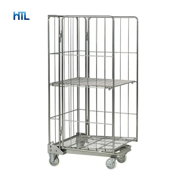 Industrial Galvanized Nestable Storage Supermarket Warehouse Folded Steel 3 Sided Roll Cage Trolley