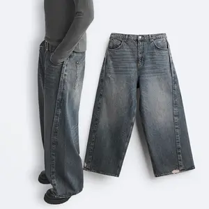 Five Pockets Loose Wide Leg Washed Jeans Pants Baggy Fit Jeans Men Custom OEM Brand Wholesale Baggy Jeans Straight