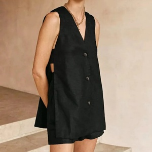 ชุดสูทสองชิ้นสำหรับผู้หญิงชุดเบลเซอร์แขนกุดและกางเกงขาสั้นสีพื้นสำหรับฤดูใบไม้ผลิฤดูร้อน - Product Image 4