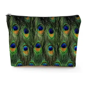 Beautiful Peacock Feather Women Makeup Bag Wholesale Waterproof Canvas Cosmetic Bags Travel Sturdy Zipper Toiletry Storage Pouch