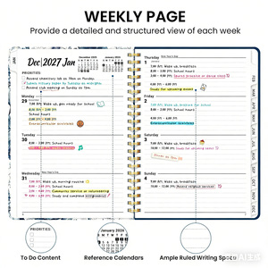 Agenda hebdomadaire et mensuel 2027, couverture en PP bleu et blanc à fleurs, spirale à feuilles mobiles, calendrier annuel 2027 de haute qualité, notes pour planning quotidien - Product Image 3