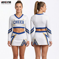 Custom White Royal Blue Cheerleading Uniforms Long Sleeve V Neck Crop <strong>Top</strong> Star Print Pleated Skirt All Star Competition Factory