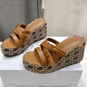 Zapatos de tacón alto bordados para mujer, talla grande 45, sandalias de cuña con plataforma gruesa, punta abierta, estilo mule, con cinturón y hebillas metálicas. - Product Image 5