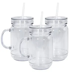 Custom logo 500ml clear plastic double wall mason jar with lid and plastic straw
