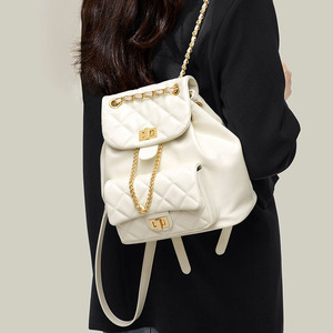 Chic Luxury Quilted Chain Pu Leather Backpack <b>Women</b>-Lightweight Travel School Bag for Style Drawstring Daypack - Product Image 3