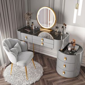Table de maquillage de luxe <span class=keywords><strong>en</strong></span> dalle de roche grise pour chambre à coucher, avec miroir rond éclairé par LED et grand tiroir de rangement, ensemble coiffeuse - Product Image 1