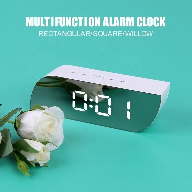 Reloj despertador con espejo para estudiantes, pantalla Digital LED, Calendario Electrónico de temperatura, mesa, despertador, carga USB