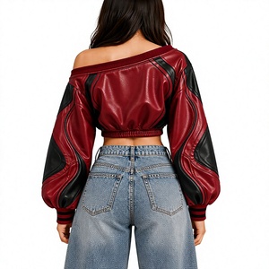 Women Burgundy PU <b>Leather</b> Blouson Jacket With Puff Sleeves Contrast Color Block <b>Short</b> Crop Top Autumn Style - Product Image 2