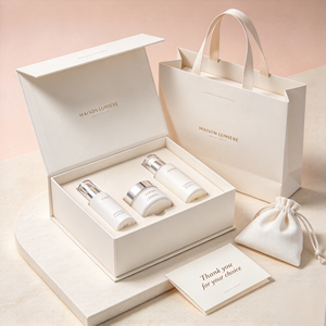 Coffret cadeau rigide personnalisé pour sérum cosmétique avec logo estampé or, insert en mousse EVA sur mesure et sac shopping en papier assorti - Product Image 3