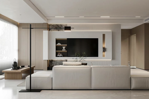 Meuble TV mural moderne minimaliste avec éclairage LED, panneau en bois massif, réglable, pour chambre à coucher, salon, usage extérieur, hall - Product Image 4