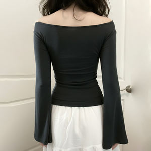 Blusa Corta de Mujer con Cuello en V de Encaje, Manga Larga Acampanada, Ajustada, Elegante, de Punto Elástico para Uso Diario Informal, Nuevo Estilo 2026 - Product Image 5