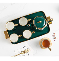 2024 lumière luxe européen ménage en céramique 8 pièces café thé ensemble pour tasse et bouilloire et plateau couleur verte brillant ligne dorée