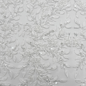 GCW-2410641-11 Pizzo Ricamato in <span class=keywords><strong>Tulle</strong></span> con Perle, Foglie e Tralci di Vite <span class=keywords><strong>Bianco</strong></span> Avorio per Abiti da Sposa e Alta Moda - Product Image 2