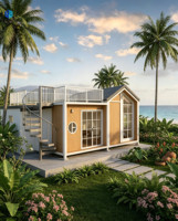 Maisonnette modulaire préfabriquée à toit en pignon avec panneaux imitation bois, escalier en colimaçon et terrasse sur le toit, idéale pour les villas de vacances en bord de mer.