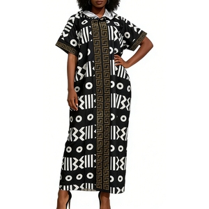 Vestido Maxi con Capucha y Estampado Africano <span class=keywords><strong>para</strong></span> Mujer - Caftán Holgado <span class=keywords><strong>de</strong></span> Manga Corta con Patrón Geométrico y Ribete Dorado, Vestidos Sehe Fashion - Product Image 3