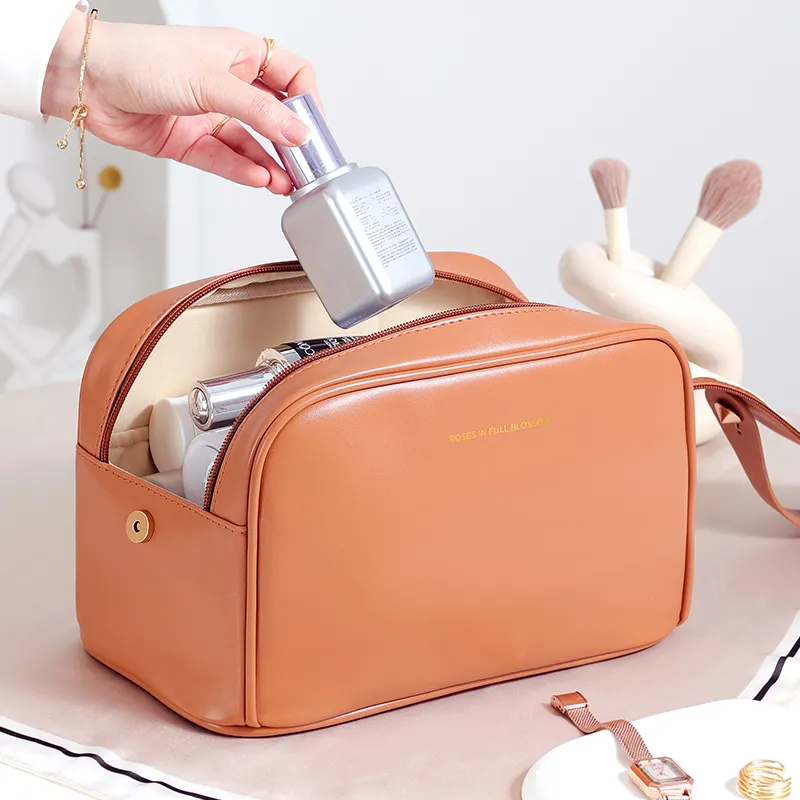 Big opening pu Cosmetic Bag Multifunctional Storage Bag PU Leather Makeup Bag