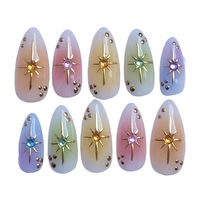 Uñas Postizas Coloridas en 3D con Diseño de Estrella y Flores, Forma de Almendra, Acabado Metálico, Pintadas a Mano, Reutilizables para Mujer