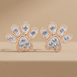 Boucles d'oreilles clous en or rose massif 10K 14K 18K avec diamants CVD de laboratoire 0,18 carat motif patte de chien – Empreinte de patte d'animal - Product Image 1