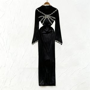 AELESEEN propia fábrica de <span class=keywords><strong>terciopelo</strong></span> elegante vestido acampanado para <span class=keywords><strong>mujer</strong></span> Midi negro Borgoña nuevo estilo industria pesada diseño incrustado de diamantes - Product Image 4