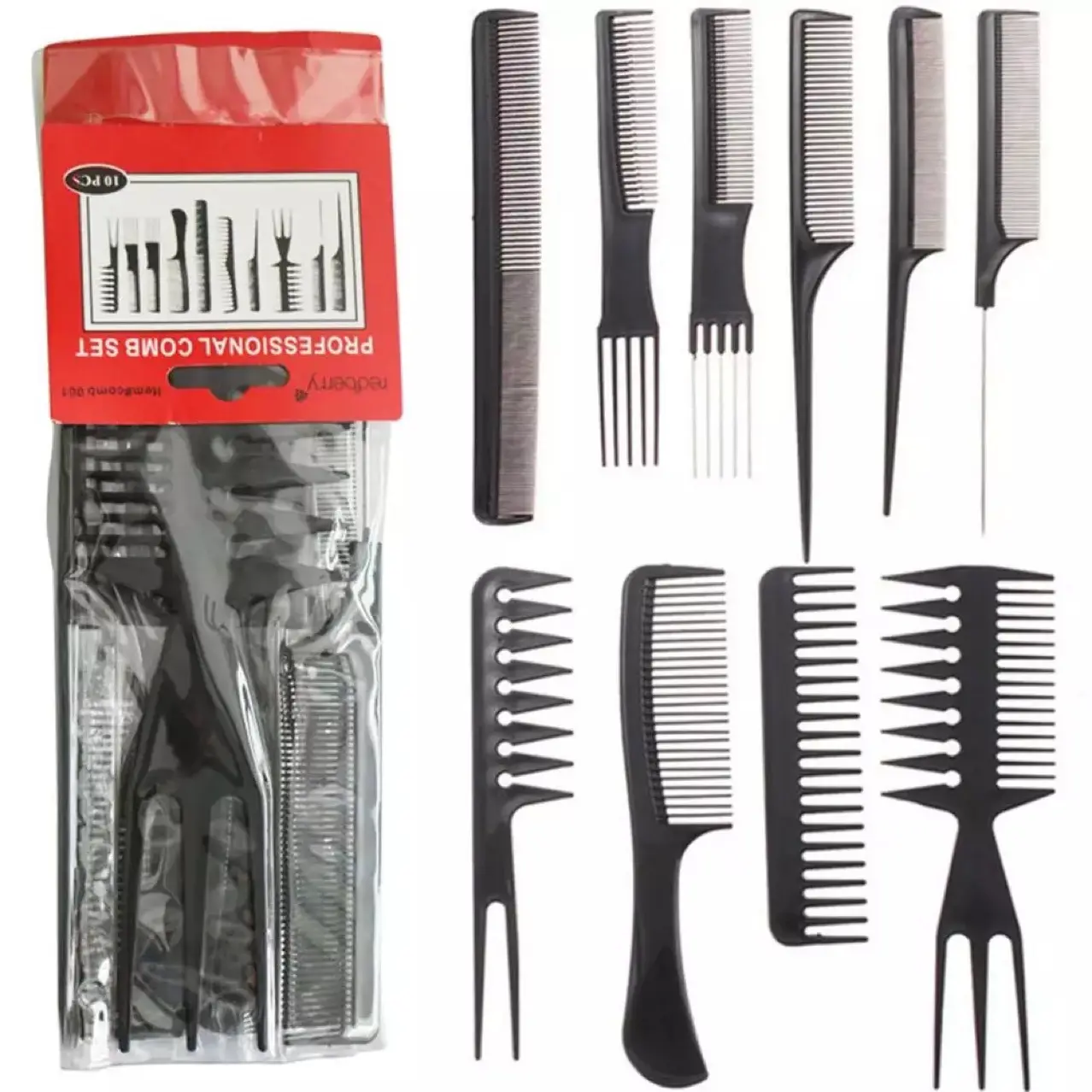 Professional 10 Pcs Black Salon Hair Styling Hairdressing Plastic Barbers Beauty Hair Brush Combs Set
