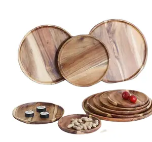 Wholesale Customized Handmade Dessert Solid Black Wooden Dishes Acacia Wood Round Dinner Charger Plates