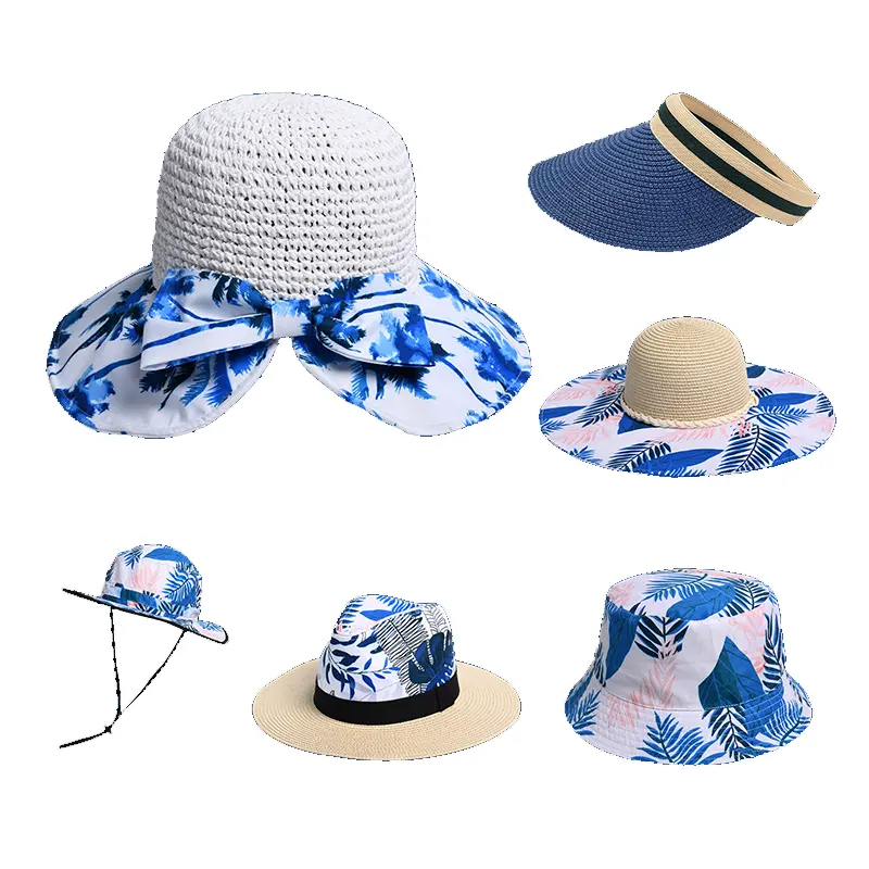 Summer Wholesale Blue Team Cotton Travel Hawaiian Style Panama Straw Hat Fedora Beach Bucket Fisherman Baseball Visor Cap Set