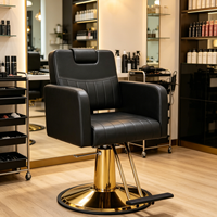 Fauteuil de barbier de luxe noir et or, inclinable, hydraulique, en acier inoxydable, siège réglable en hauteur, mousse haute densité