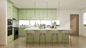 Ensemble de cuisine complet en forme de U de style shaker vert moderne avec armoires de base pour évier RTA en panneau de mélamine - Product Image 3