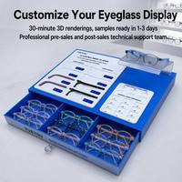 Présentoir de Comptoir Bleu Compact pour Lunettes Intelligentes pour Enfants, avec Tiroir à 3 Compartiments, Zone d'Échantillons de Branches et Charnières Réglables