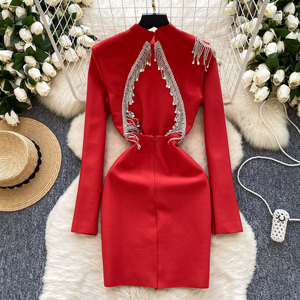 Túnica Sexy de invierno, vestido Midi informal ajustado para mujer, manga larga, diamantes, ahueca hacia fuera, sin espalda, borla, encaje, Vestidos rojos <span class=keywords><strong>Bla</strong></span> - Product Image 4