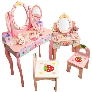 고품질 미니 가구 소녀 메이크업 세트 액세서리 나무 핑크 드레싱 테이블 역할 놀이 장난감