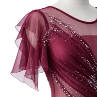 Robe de patinage artistique rouge bordeaux dégradé à manches volantées, dos ouvert, en maille ornée de strass, pour concours de danse sur glace, pour enfants et filles