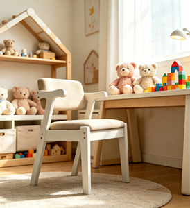 Chaise de bureau en bois massif blanc avec accoudoirs en corne, chaise de salle à manger décontractée à dossier court rembourré en lin beige pour la maison, le bureau ou la chambre d'étudiant - Product Image 3
